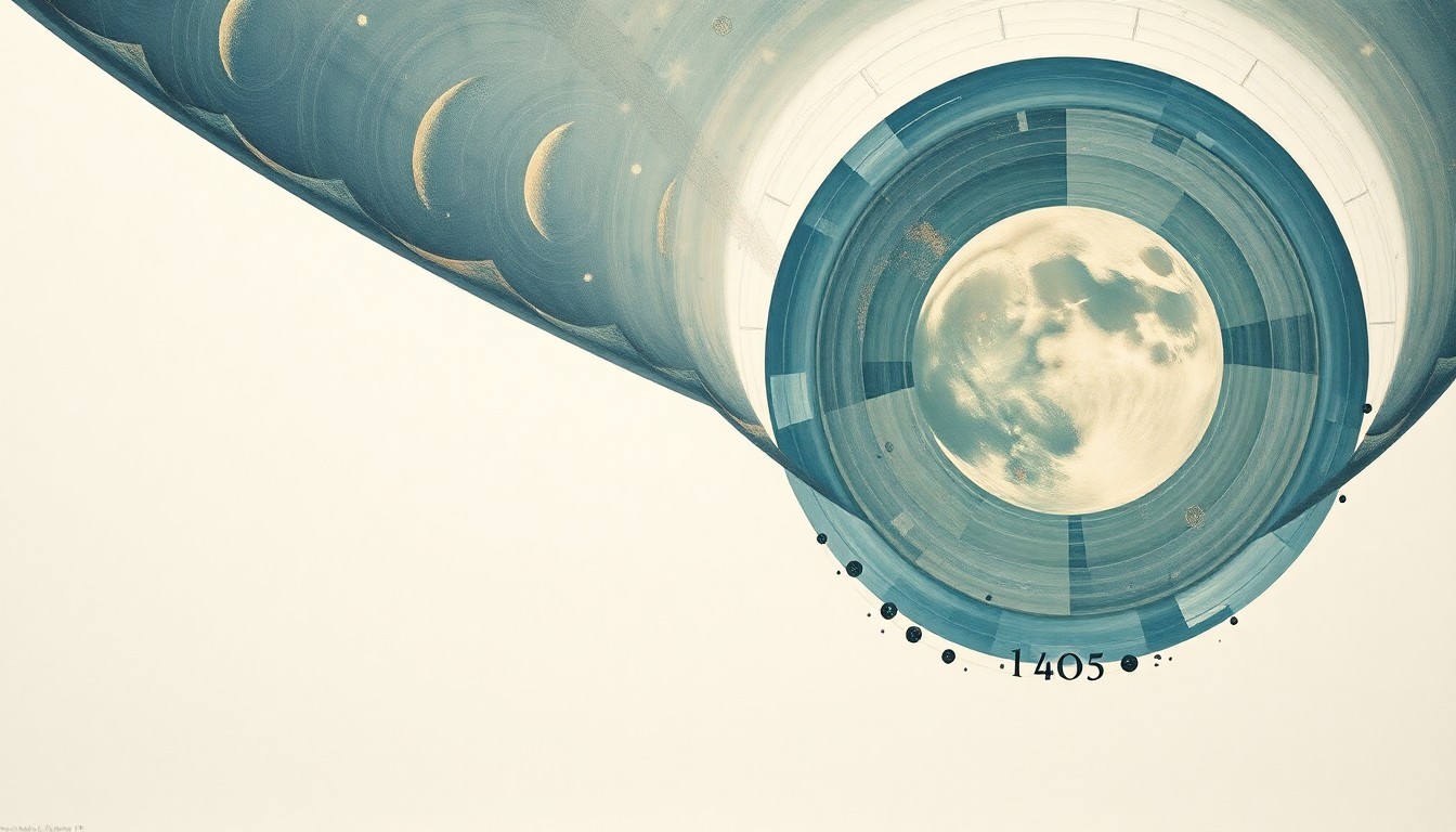 A highly textured, abstract painting in soft shades of blue, green, and gold, featuring sweeping geometric arcs, concentric circles, and precise botanical spirals, conveying the structural order and grandeur of the Artemis II spacecraft's journey around the moon.