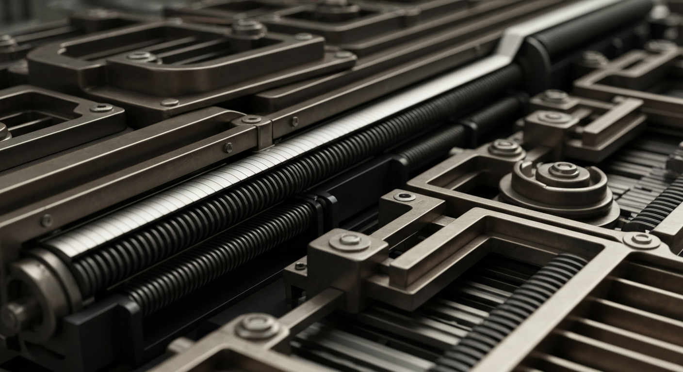 An extreme close-up of complex, interlocking gears and levers in a muted industrial color palette, representing the inner workings of the financial system and the institutional forces shaping the fortunes of consumer companies.