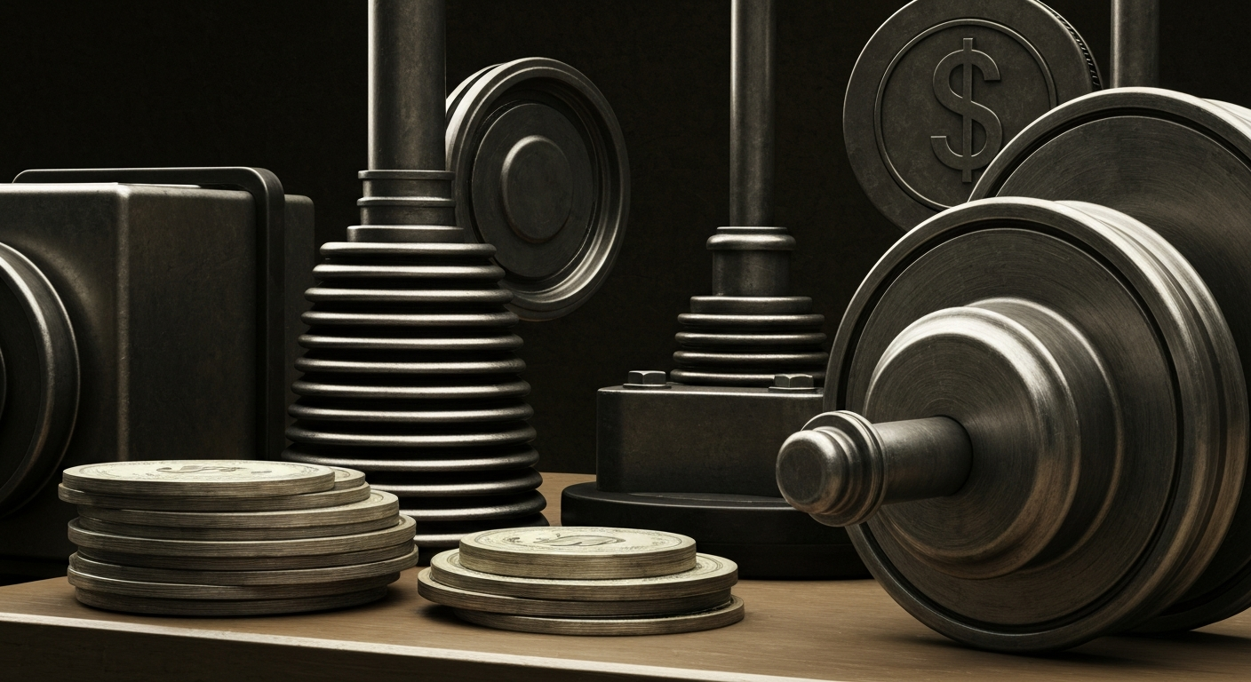 An extreme close-up of gears, pistons, and other heavy industrial components, conveying the complex, powerful nature of the defense industry without using any literal financial symbols or imagery.