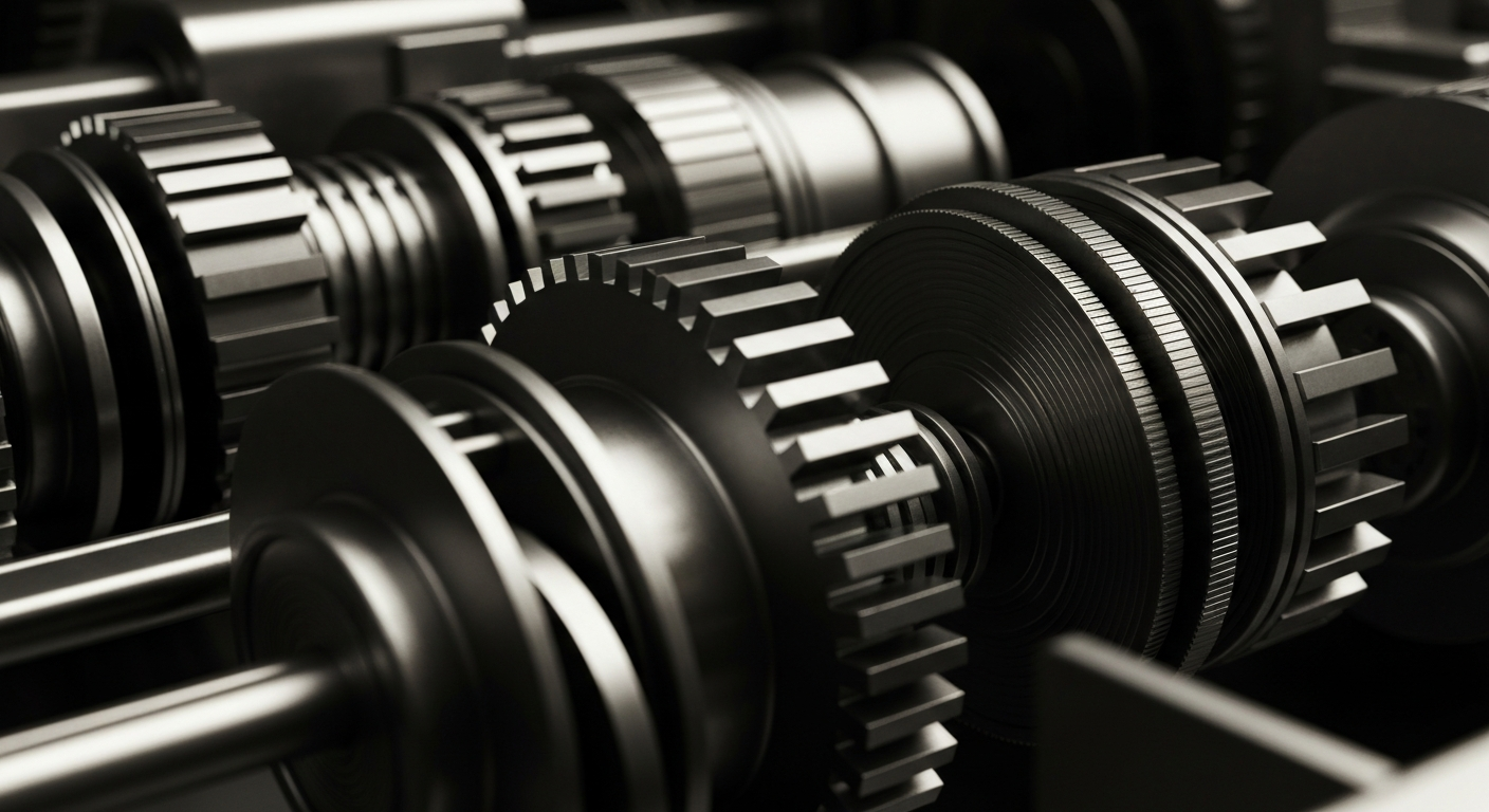 A cinematic close-up of heavy, polished banking machinery and mechanisms, dramatically lit to convey the scale and importance of financial infrastructure without using literal currency or charts.