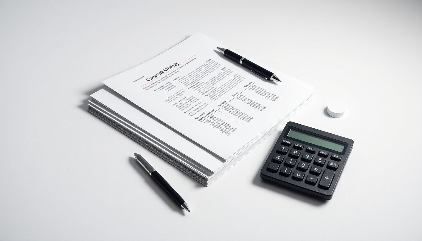 A minimalist studio still life photograph featuring a stack of financial documents, a pen, and a calculator arranged on a clean, white background, symbolizing the abstract concepts of corporate strategy and finance.