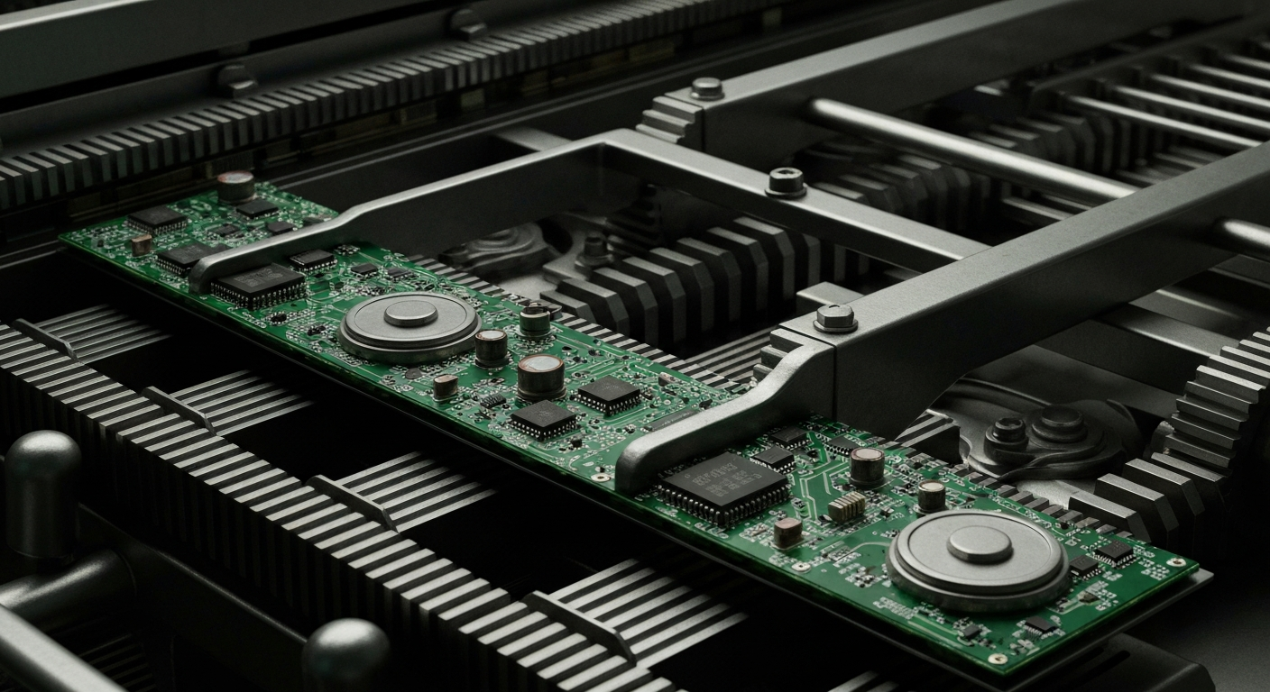 An extreme close-up of complex, interlocking mechanical components in a dark, industrial setting, conveying the idea of financial security and institutional power without using literal currency or charts.