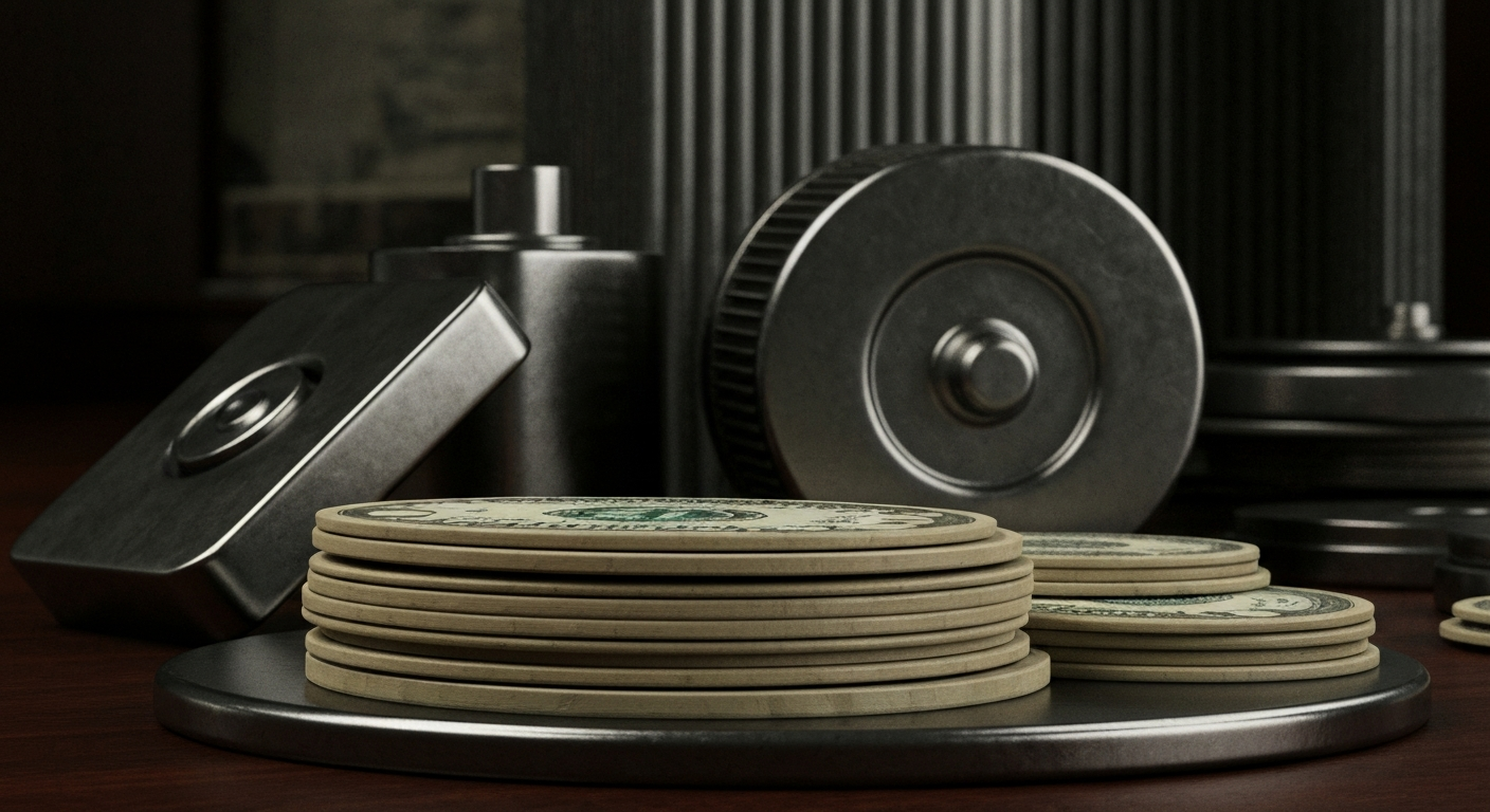 An extreme close-up of complex financial machinery and equipment, conveying the heavy, industrial nature of banking and investment institutions without using literal currency or charts.