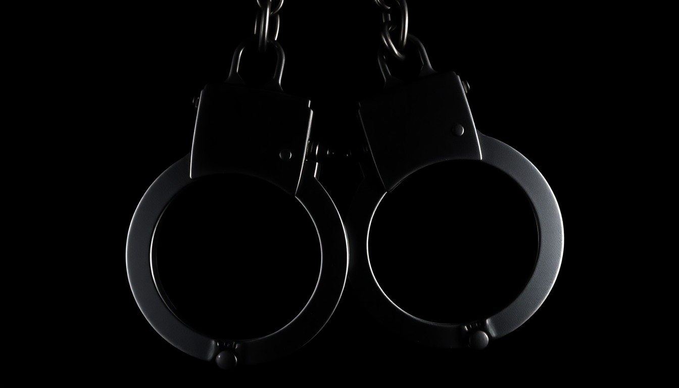 An extreme close-up photograph of a set of metal handcuffs against a stark black background, creating a gritty, investigative aesthetic through the use of harsh, direct flash lighting.