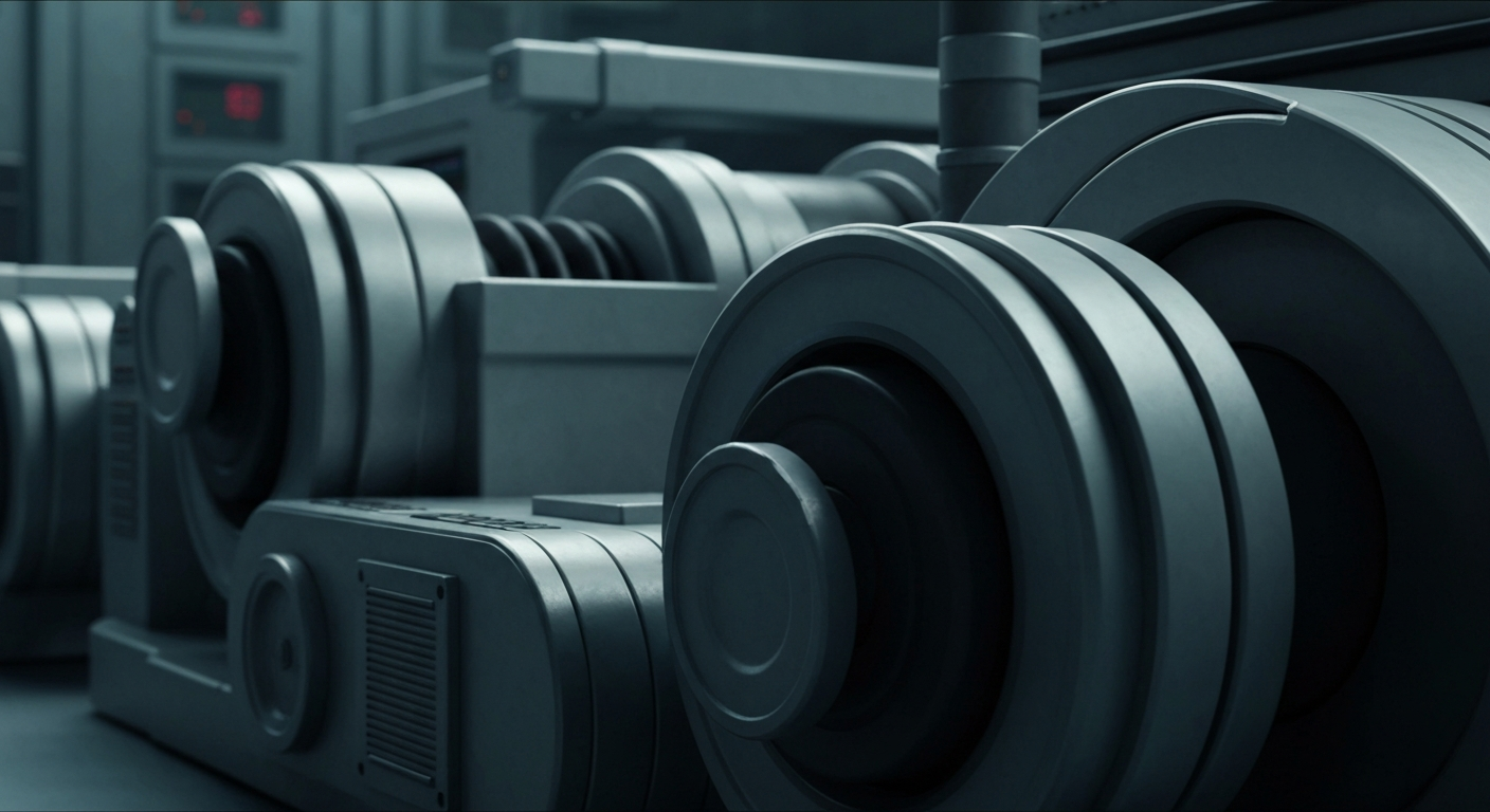 An extreme close-up of industrial banking equipment and machinery in muted greys, blues, and blacks, conceptually representing the institutional financial infrastructure behind tobacco stocks.