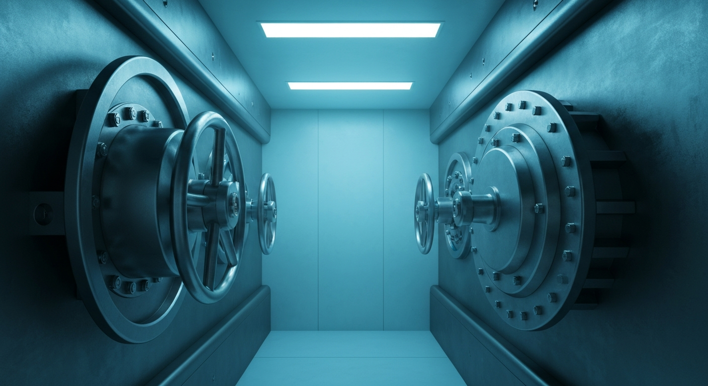 An extreme close-up of the intricate gears, levers, and mechanisms of a heavy industrial bank vault, conveying a sense of financial security and institutional power through a cinematic, high-contrast visual metaphor.