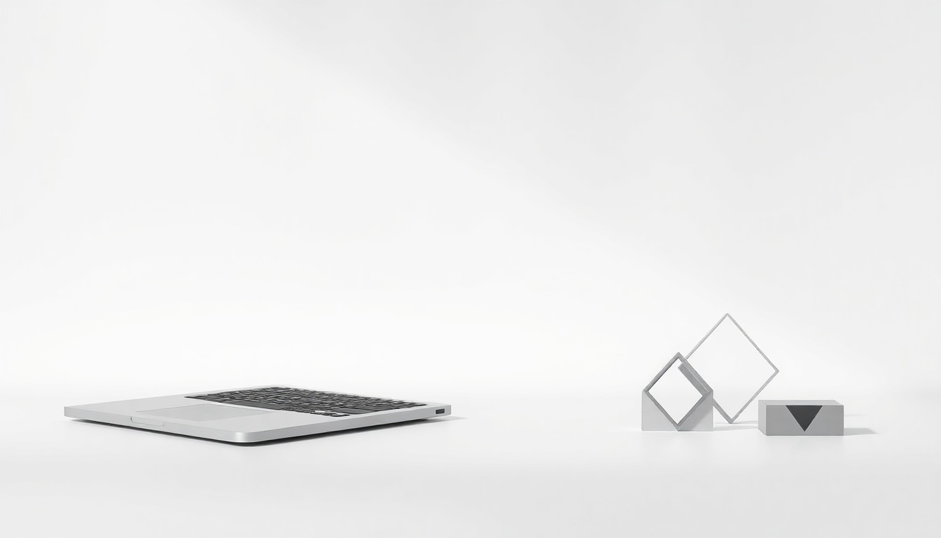 A minimalist studio still life photograph featuring a sleek laptop computer, a stylized cloud icon, and geometric shapes made of polished metal and glass, all arranged elegantly on a clean, monochromatic background to represent Consensus Cloud Solutions' focus on corporate strategy, finance, and technology.