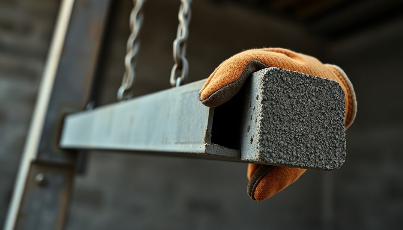 An extreme close-up photograph of a steel construction beam, its surface textured and reflecting dramatic lighting, conceptually representing the careful craftsmanship and attention to detail going into the new Madison County Jail.