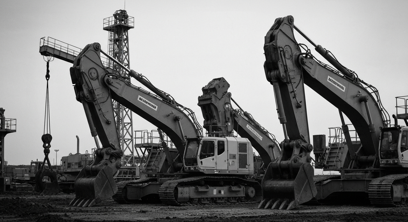A high-contrast, black-and-white close-up image of industrial machinery and equipment, conveying the tangible, physical nature of the construction and maintenance work performed by APi Group.