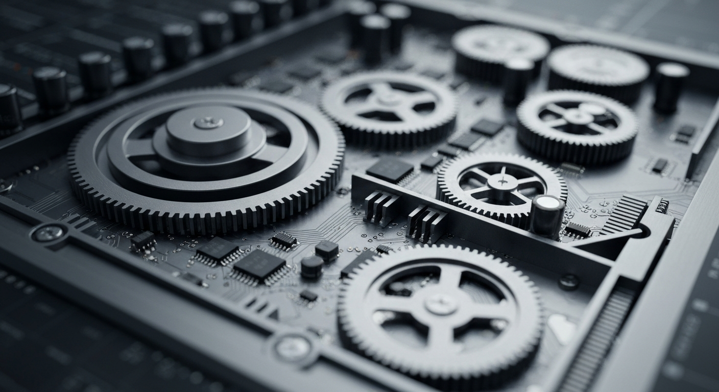 An extreme close-up of the intricate inner workings of a financial trading terminal, with gears, circuits, and metallic components filling the frame, conceptually representing the complex machinery powering modern finance.