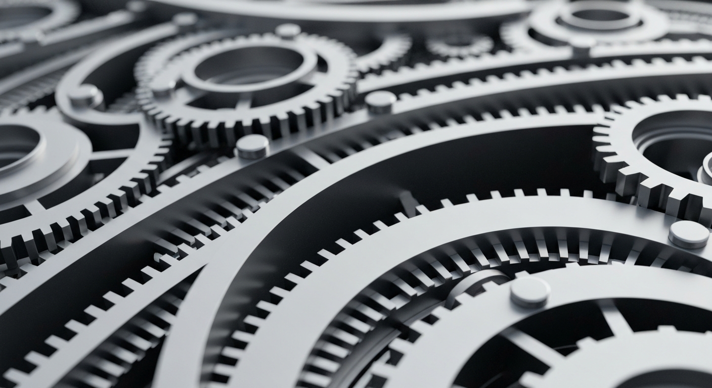 An extreme close-up of highly detailed, interlocking metal gears and machinery, representing the complex financial infrastructure that powers the modern software industry.