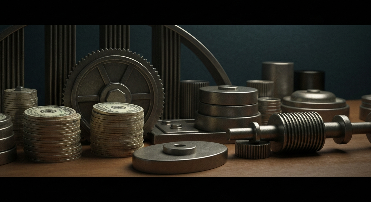 An extreme close-up of intricate, industrial-looking financial machinery and equipment, conveying a sense of institutional power and security without depicting any literal currency or financial symbols.