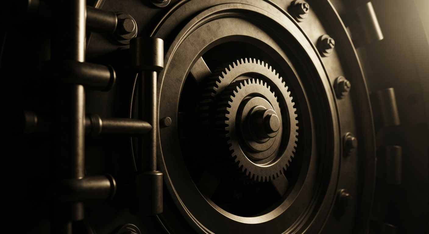 An extreme close-up of the heavy, industrial machinery and gears that make up the inner workings of a large bank vault door, conveying the idea of the intricate financial systems and infrastructure that support the healthcare industry.