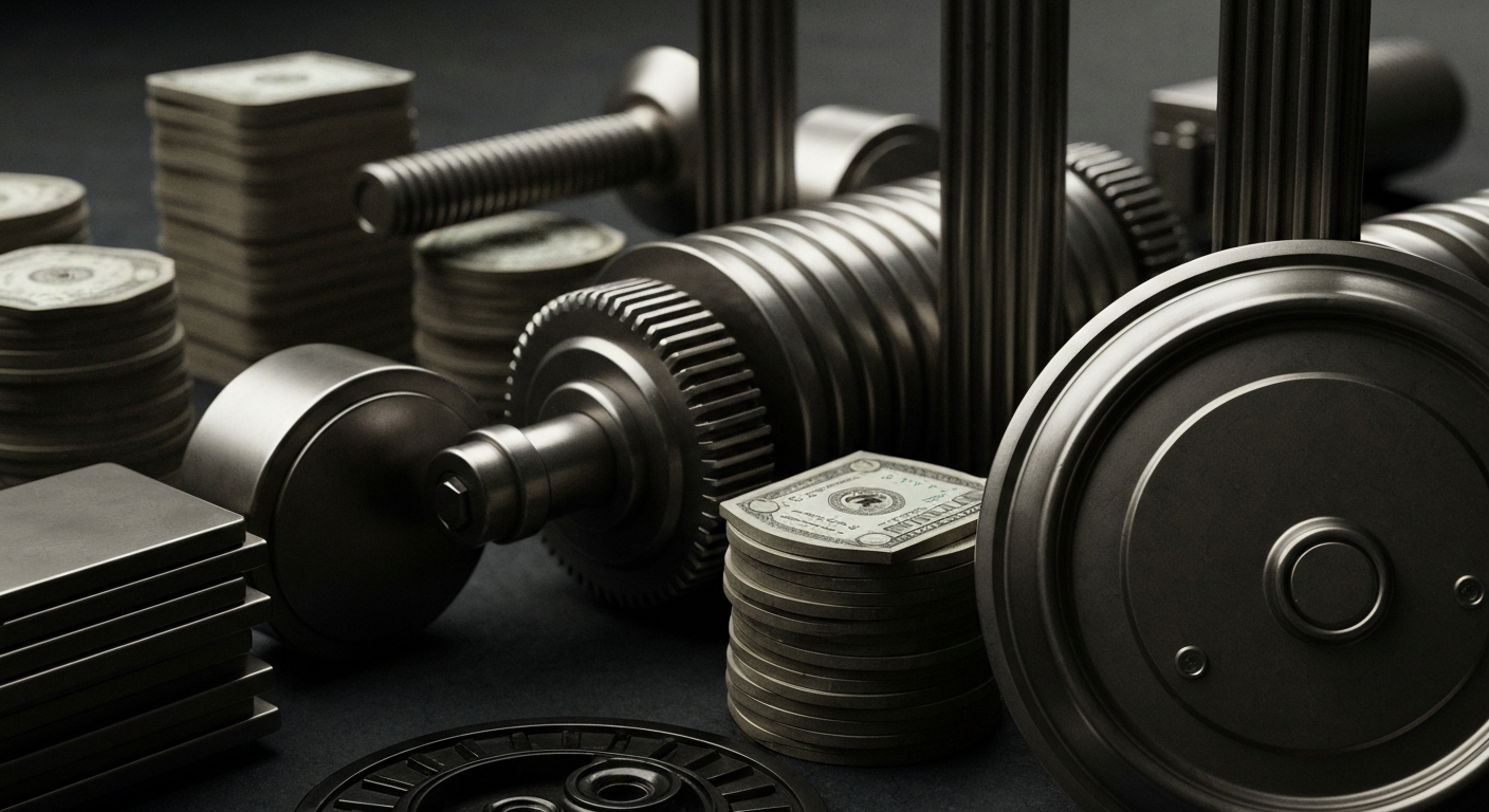 An extreme close-up of intricate financial machinery and equipment, conveying the tangible nature of banking and wealth management without depicting any literal currency or symbols.