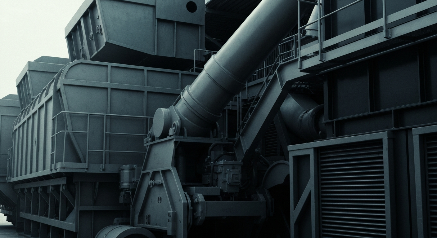 An extreme close-up of industrial waste management machinery and equipment, with a focus on the complex, mechanical details that power the company's operations.