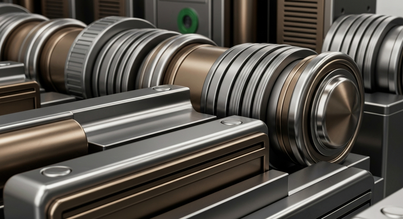 A cinematic close-up of heavy, polished banking machinery and equipment in shades of steel gray, bronze, and chrome, representing the secure, industrial foundations of the financial system.