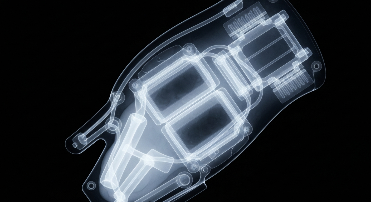 A translucent, ghostly X-ray image revealing the intricate internal structure of a healthcare-related digital system, conveying the clinical and analytical nature of the subject's work.