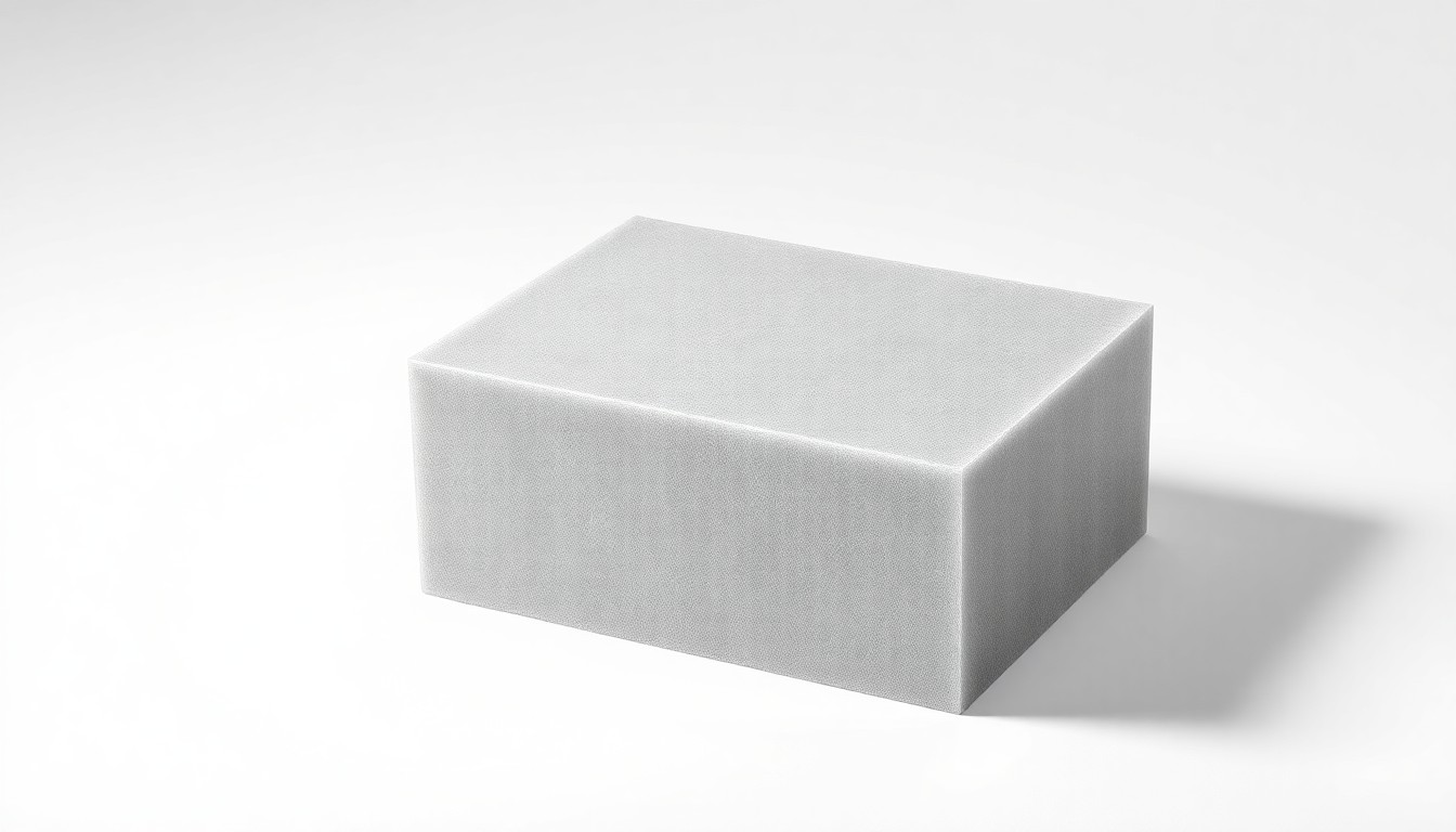 A photorealistic studio still-life image of a polished, geometric block of cellular glass insulation material in a neutral gray color, resting on a clean, white seamless background with sharp, dramatic lighting and deep shadows to convey the material's strength and durability.