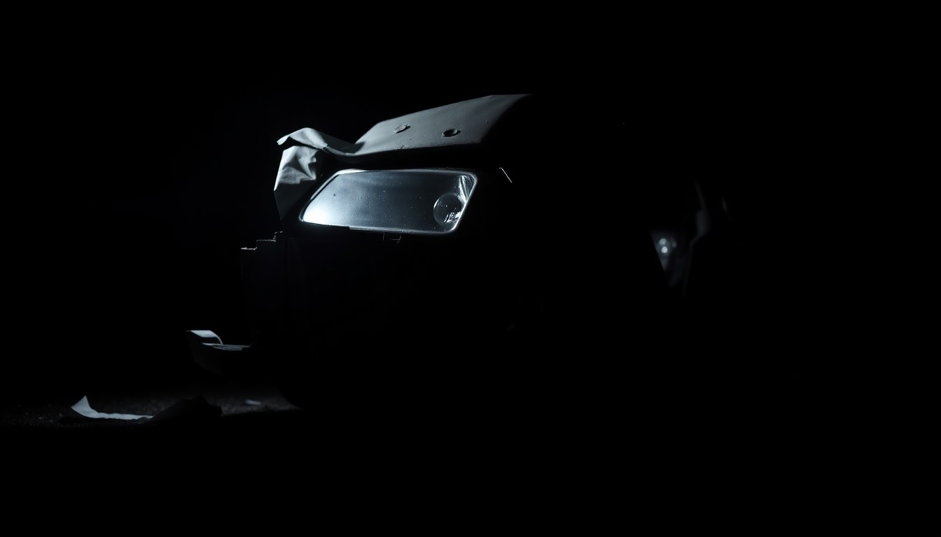 An extreme close-up photograph of a twisted, metallic car part reflecting the harsh light of a camera flash, conceptually illustrating the aftermath of a multi-vehicle collision.