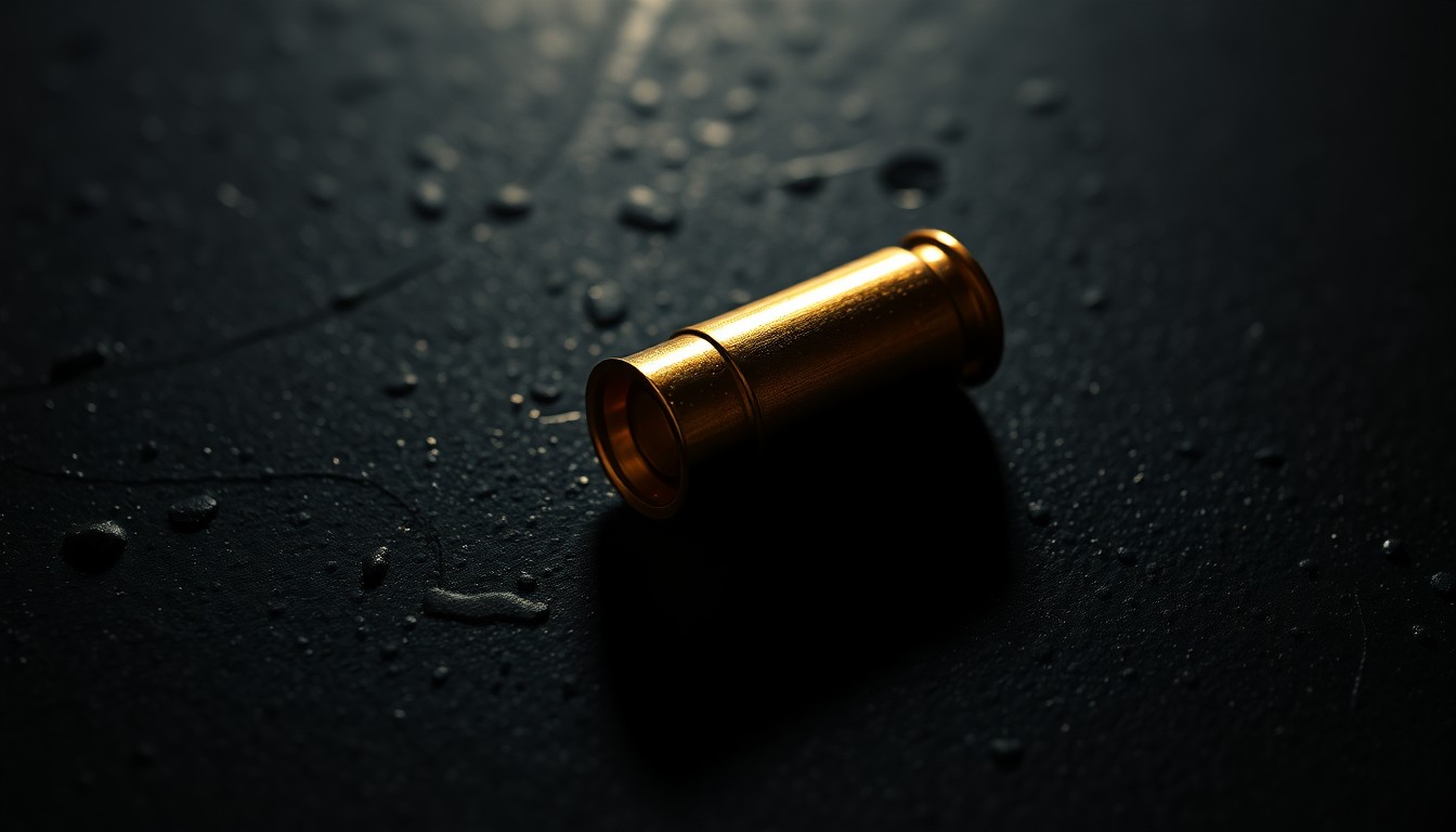 An extreme close-up photograph of a spent bullet casing on a dark, textured surface, lit by a harsh, direct camera flash, conceptually representing the investigation into a shooting incident.
