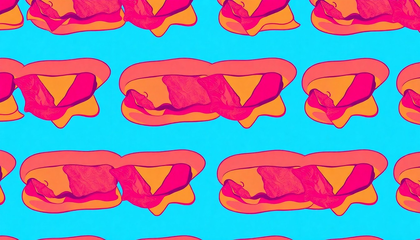 A highly stylized, abstract grid of brightly colored, silkscreened cheesesteak ingredients, conceptually representing the growing culinary reputation of New Jersey's take on the classic Philly sandwich.