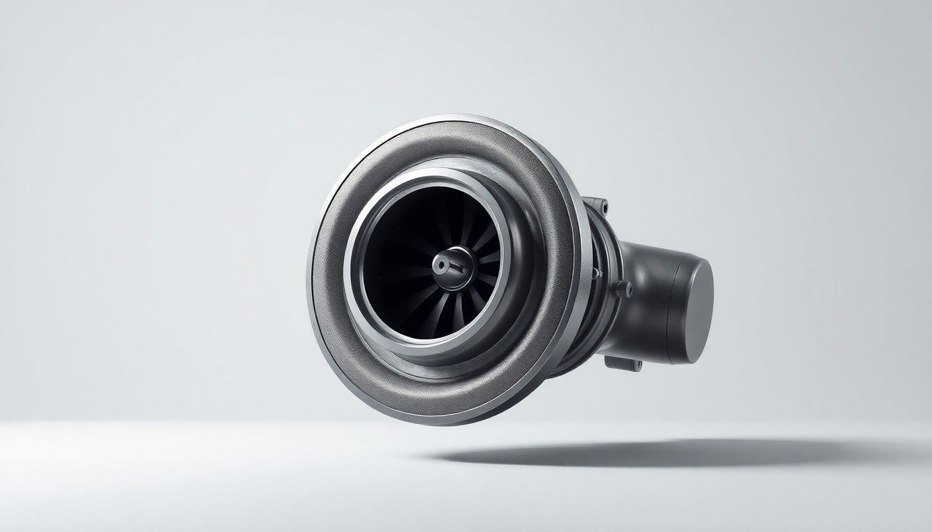 A highly detailed, photorealistic studio photograph of a sleek, metallic natural gas turbine engine component floating on a plain white background, using dramatic lighting and shadows to convey the abstract concept of energy infrastructure.