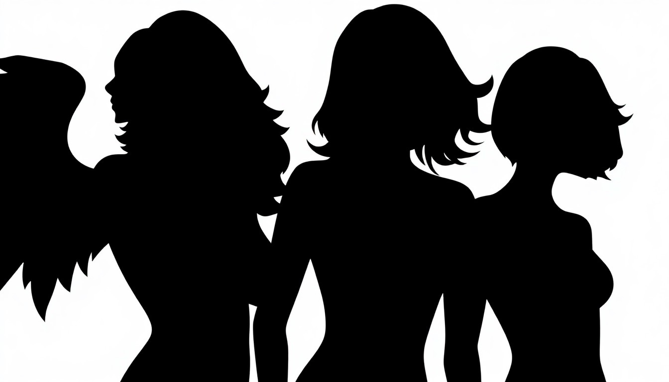 A minimalist, abstract illustration featuring three overlapping black silhouettes, representing the three main characters from the classic TV series 'Charlie's Angels', conveying the show's pioneering spirit and enduring cultural significance.
