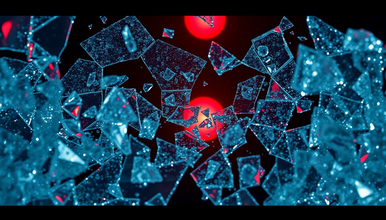 An abstract close-up photograph of shattered, jagged glass fragments reflecting a faint red glow, conveying a sense of the fragility and darkness behind the glitz of reality television.