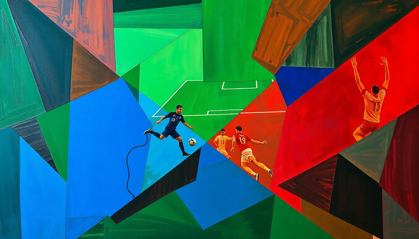 A cubist, geometric painting depicting a soccer player in motion, with sharp, overlapping planes of color representing the dynamic action of the game.