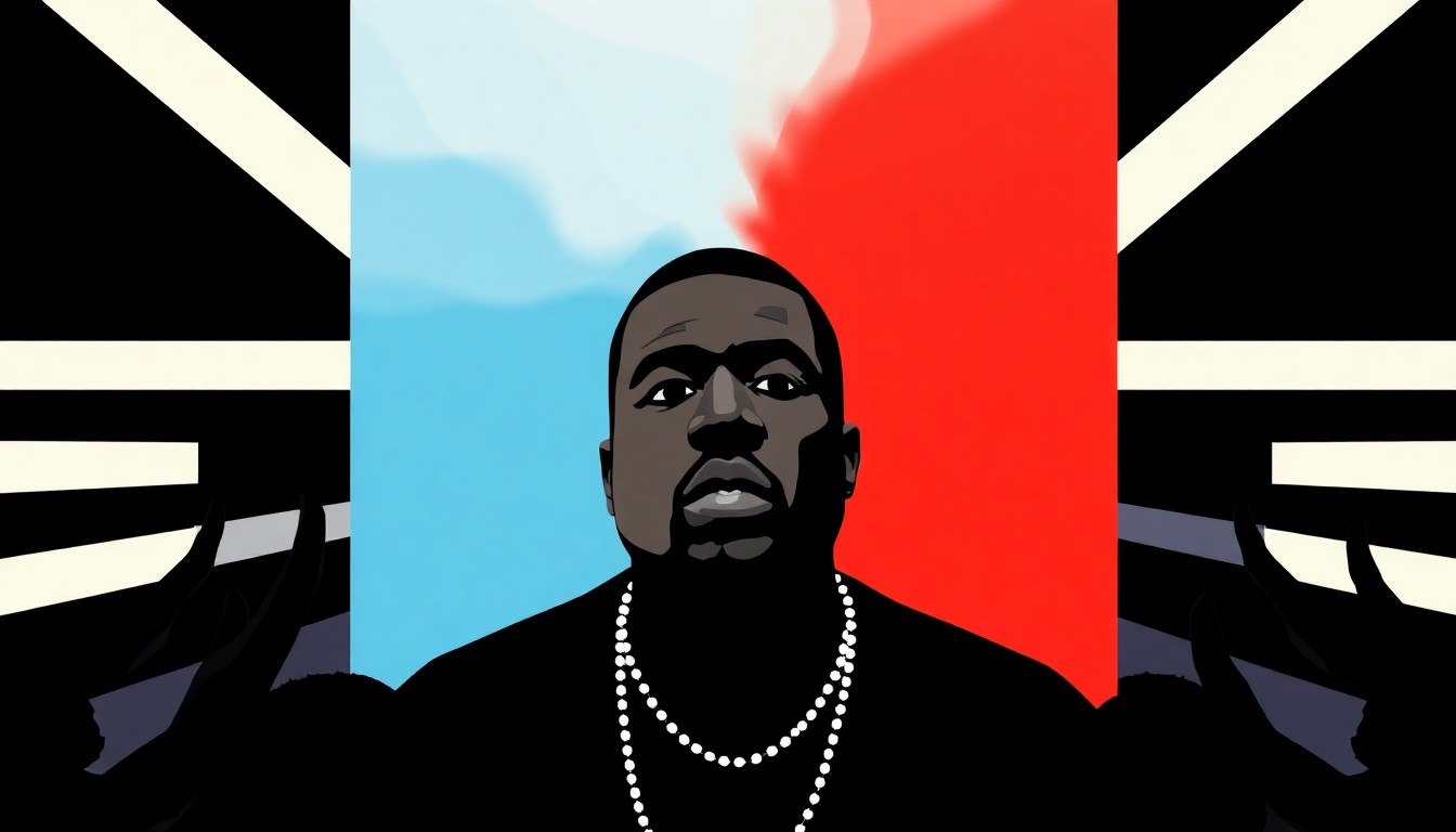An abstract, minimalist composition of bold, jagged geometric shapes in high-contrast colors like black, white, and red, conceptually representing the divisive debate over Kanye West's anti-Semitism and his scheduled performance at the Wireless festival.