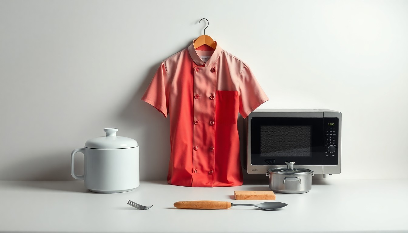A high-end, photorealistic studio still-life photograph featuring a chef's uniform, a microwave, and a few pieces of kitchen equipment arranged elegantly on a clean, monochromatic seamless background, conceptually representing the abstract concepts of workplace fairness and the importance of due process.