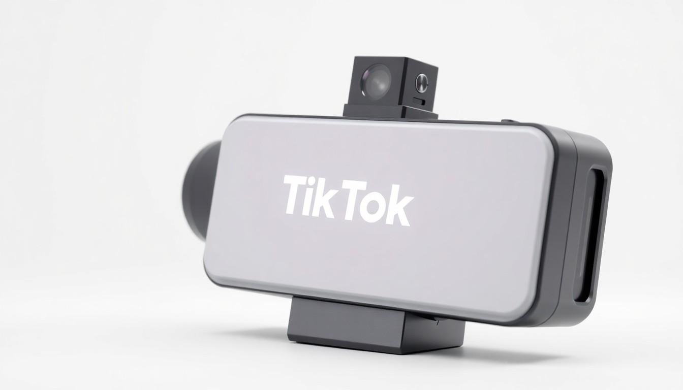 An extreme close-up of a minimalist, matte black and silver video recording device with clean geometric lines, conceptually representing the core technology at the heart of the TikTok platform and the legal challenges it faces.