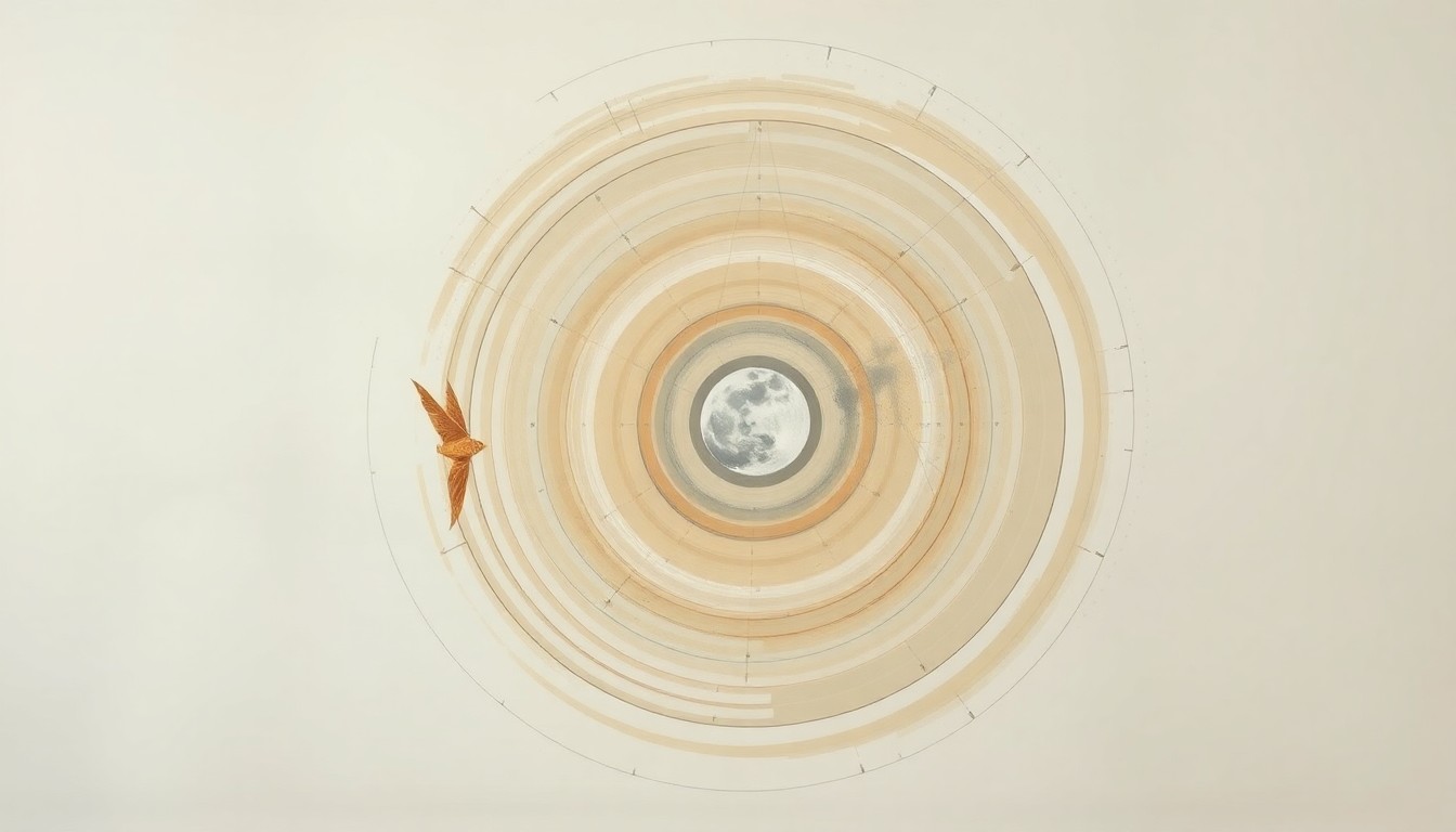 A highly structured abstract painting in soft, earthy tones depicting the Artemis II spacecraft's trajectory as a series of sweeping geometric arcs and concentric planetary circles, conveying the scale and precision of the mission without using any text or diagrams.