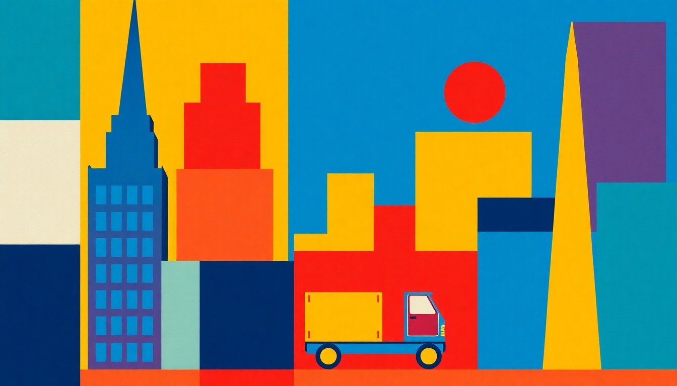 A geometric composition of overlapping triangles and rectangles in shades of blue, red, and yellow, conceptually representing the rising costs and economic impact of shipping on online shopping.