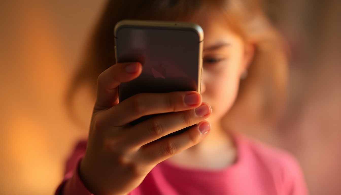An extremely abstracted, out-of-focus photograph of a young girl's hand holding a smartphone, surrounded by soft, warm pools of light and color, conveying a sense of distraction and the blurred boundaries between the digital and physical realms.
