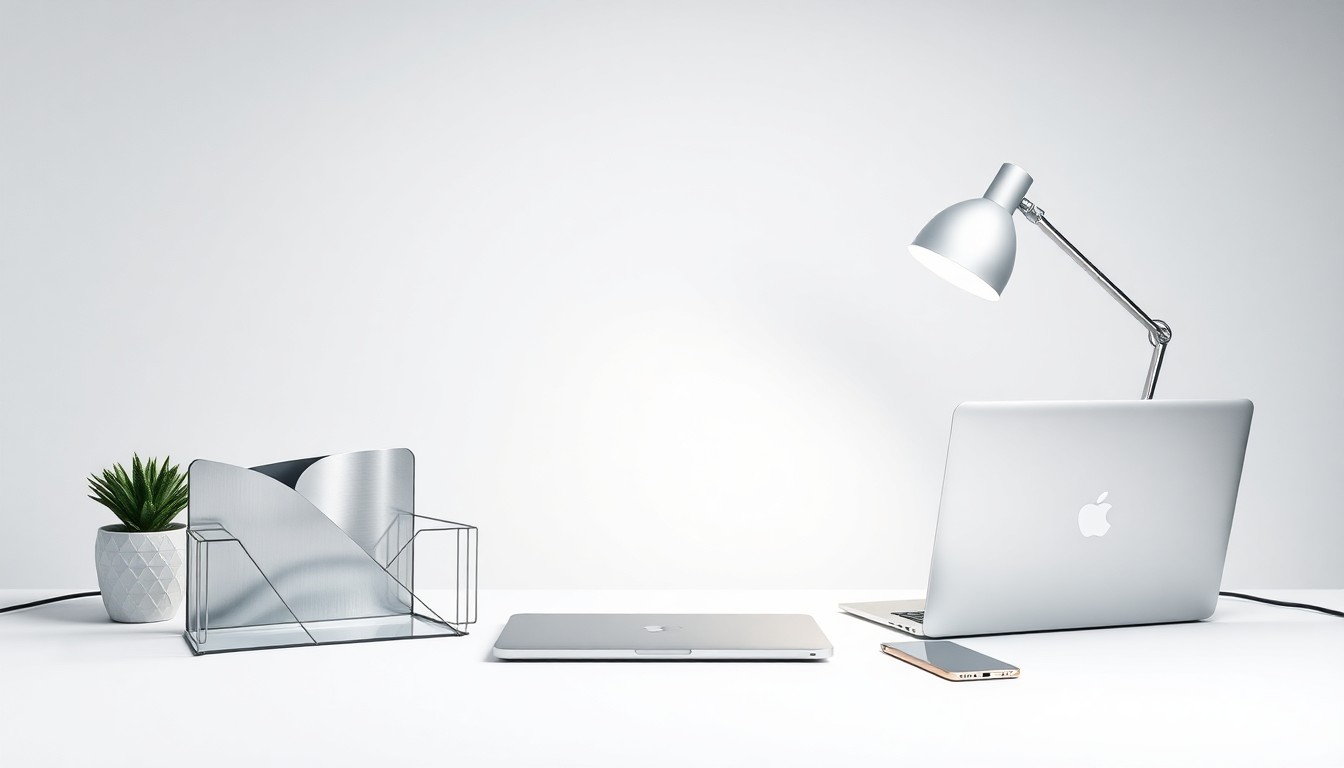 A high-end, photorealistic studio still-life photograph featuring a polished, geometric desk organizer, a sleek laptop, and a minimalist desk lamp, all arranged elegantly on a clean, white seamless background, conceptually representing the streamlined, professional operations of an e-commerce management firm.