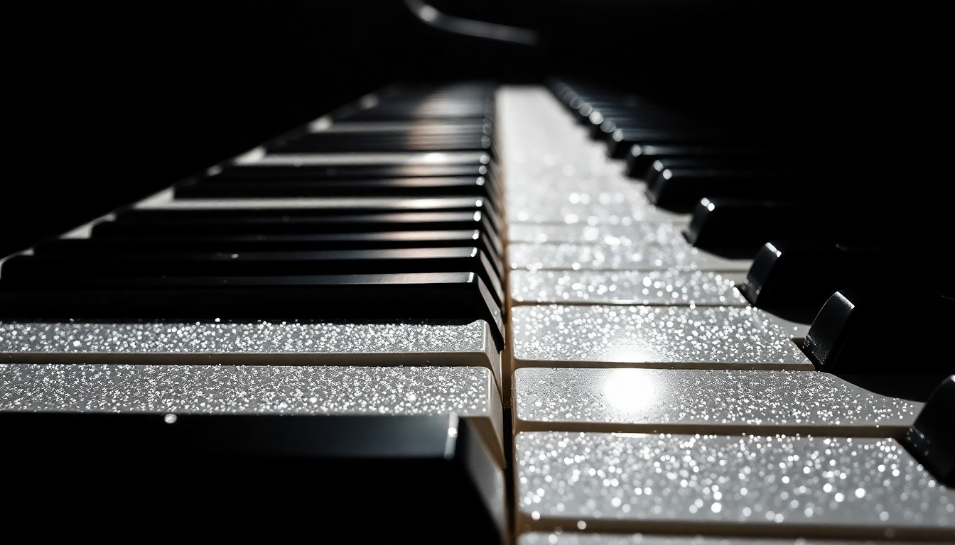 An extreme close-up of highly reflective, glittering piano keys under dramatic studio lighting, conceptually representing the intimate, stripped-down nature of John Legend's autobiographical 'Songs and Stories' performance.