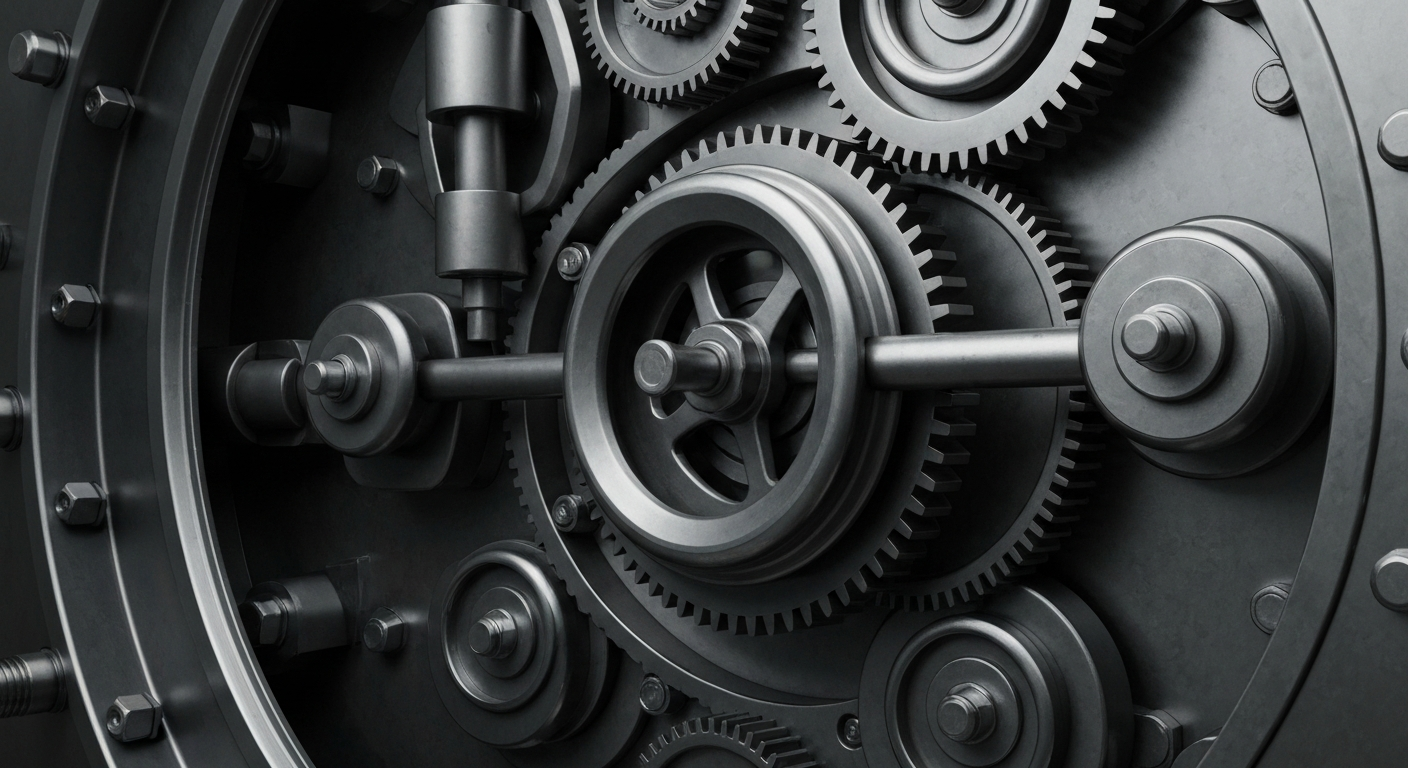 An extreme close-up of the heavy metal gears and mechanisms of a bank vault door, conveying a sense of the secure infrastructure that underpins the financial system.