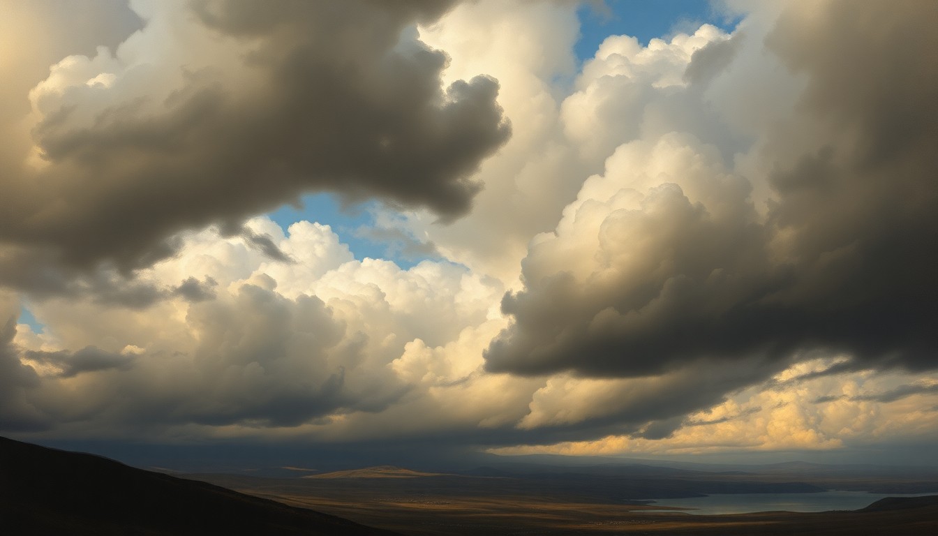 A sweeping, atmospheric landscape painting in muted tones of grey, blue, and white, depicting a dramatic, stormy sky with heavy clouds obscuring the horizon, conveying the overwhelming scale and power of the natural world.