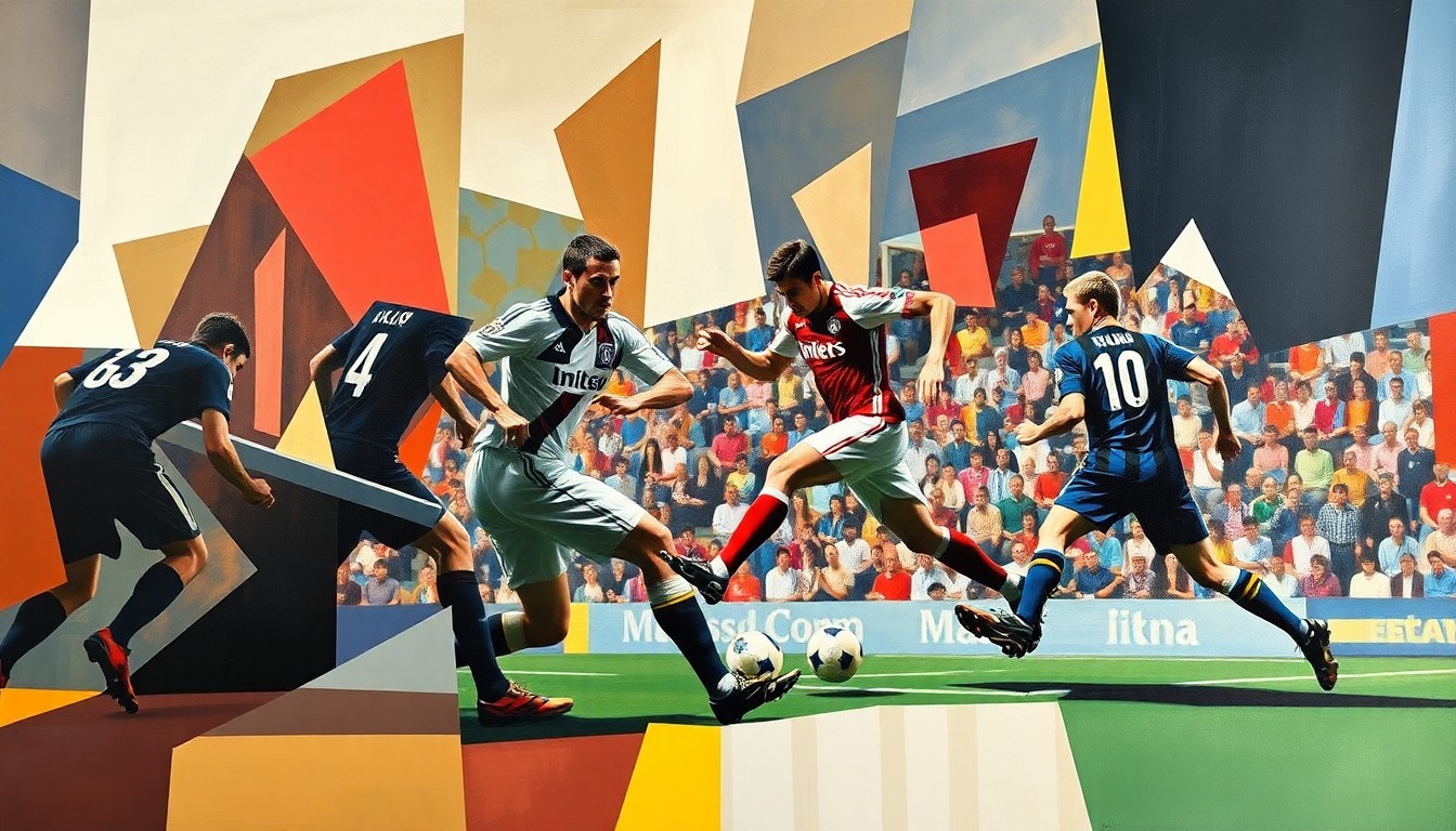 A fractured, multi-perspective painting in the style of Pablo Picasso, breaking a soccer match down into sharp, overlapping geometric planes of color and abstracted player forms, conveying the dynamism and energy of the game.