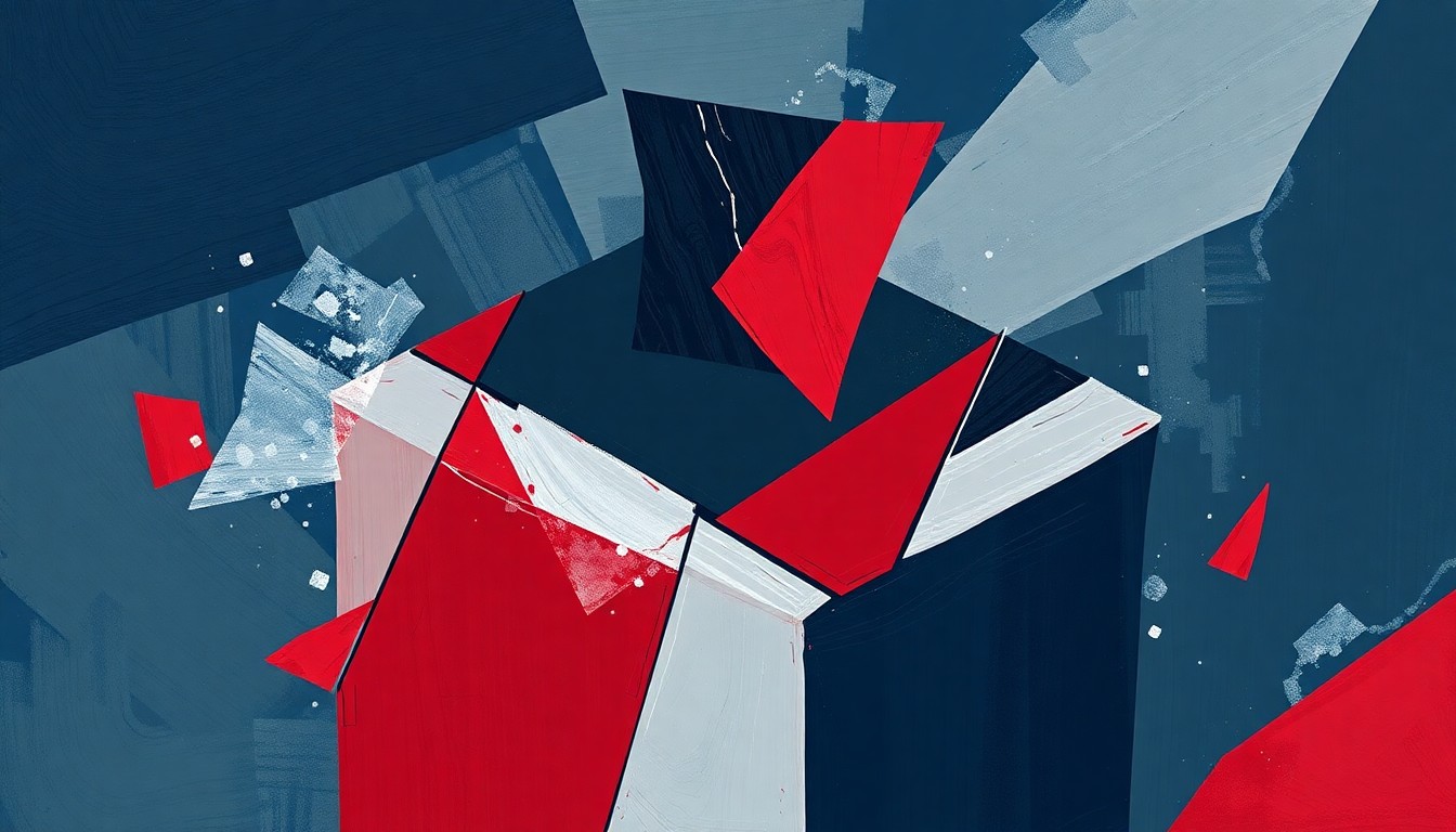 A fractured, geometric painting of an abstract ballot box icon in shades of navy blue, slate gray, and crimson red, conveying the chaotic and contested nature of mail-in voting policies.