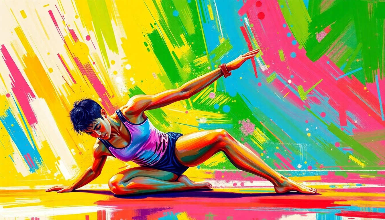 An abstract, energetic painting featuring bold brushstrokes in neon shades of pink, blue, and yellow, capturing the dynamic movements and raw emotion of a gymnast's floor routine.