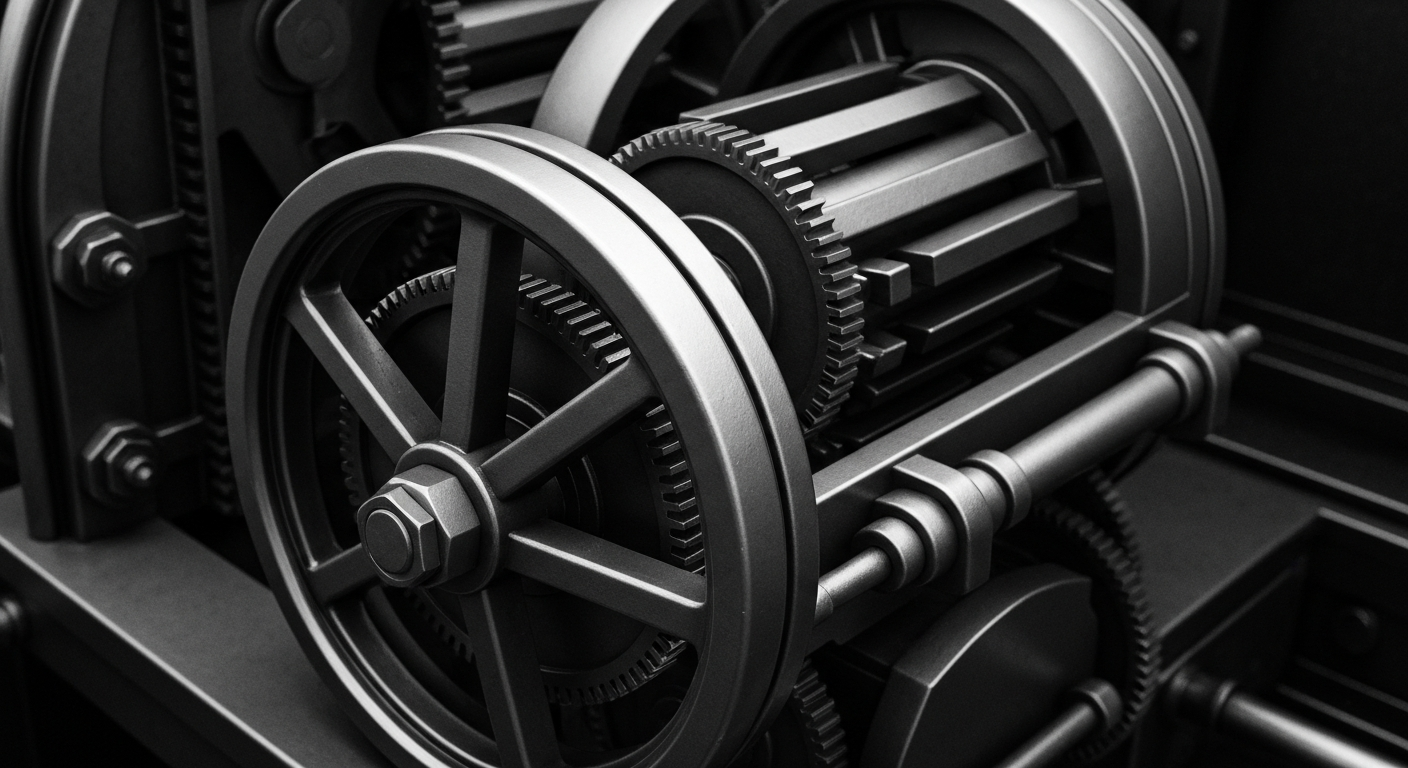 A high-contrast black and white close-up image of the complex gears and mechanisms of a large, industrial banking machine, representing the institutional power and financial security of the banking sector.