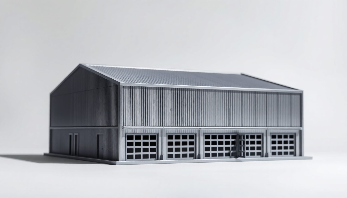 A photorealistic studio still-life image featuring a polished, geometric metal model of a warehouse structure in shades of silver and grey, resting on a clean, white background and dramatically lit to represent abstract concepts of industrial real estate and economic development.
