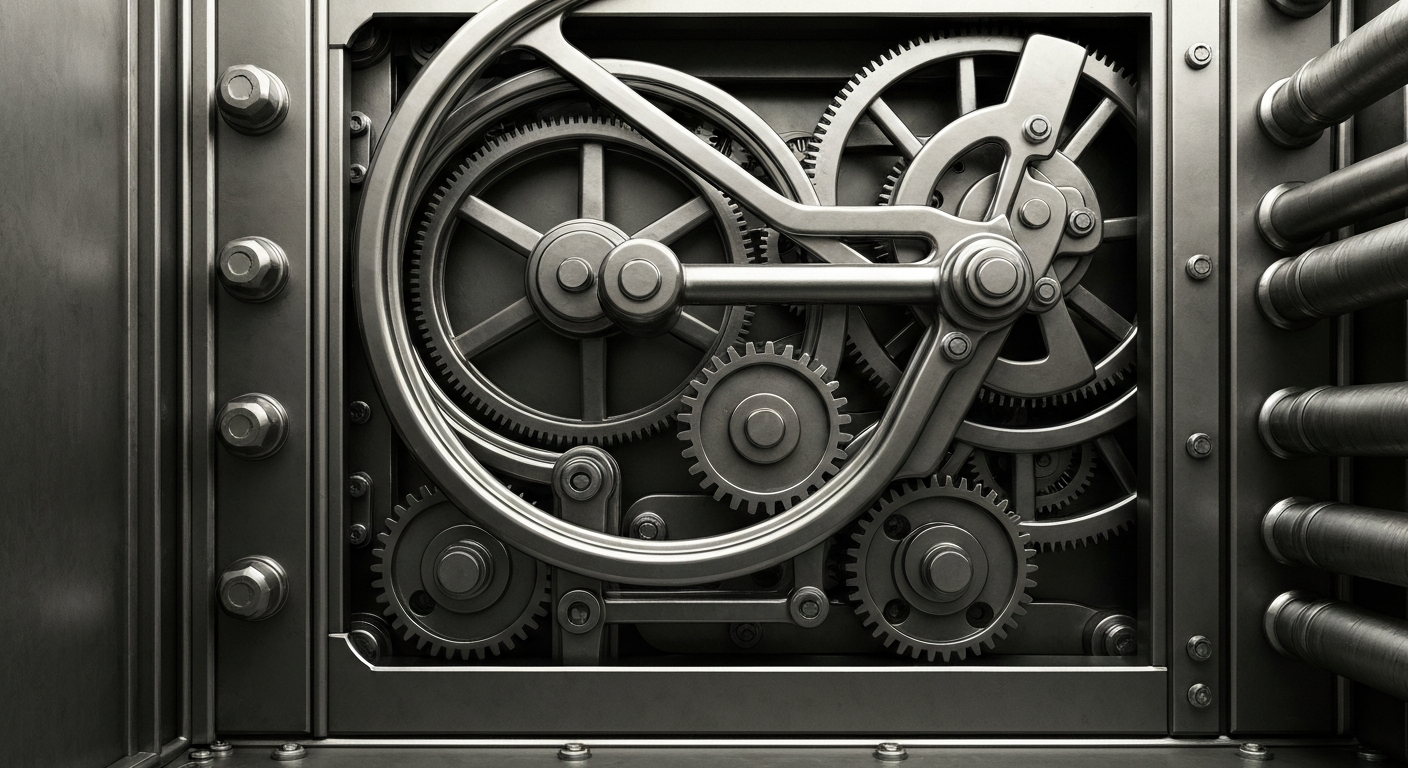 A highly detailed, cinematic close-up of the heavy, industrial machinery and components that make up the inner workings of a modern banking vault, conveying a sense of the power and security of financial institutions.