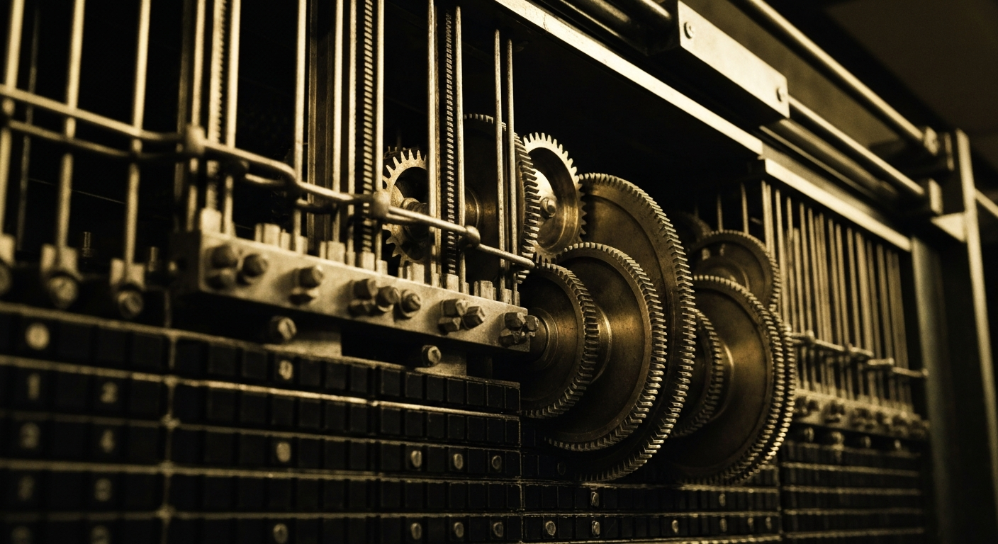 A highly detailed, black-and-white close-up image of the gears, pulleys, and other mechanical components of an old-fashioned betting tote board, conveying the intricate financial infrastructure behind a major racetrack and gaming company.