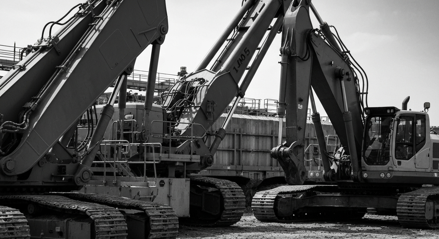 A high-contrast, close-up black and white photograph of heavy industrial machinery and equipment used in construction projects, conveying a sense of the physical scale and power of the industry.
