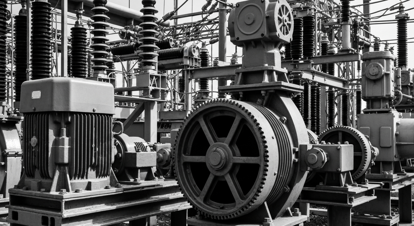 A high-contrast black and white close-up image of the gears, motors, and machinery that make up the inner workings of an electrical substation, conveying the scale and complexity of the vital infrastructure enabling the clean energy transition.