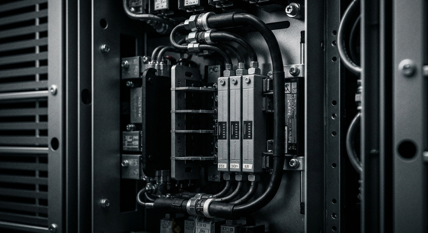 An extreme close-up of the intricate, heavy-duty components and machinery inside a Vertiv power distribution unit, conveying the robust, industrial nature of the company's products that enable reliable digital infrastructure.