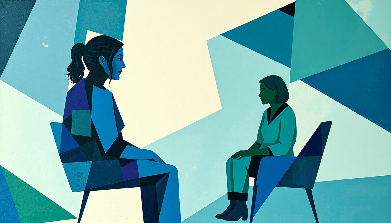 A highly abstract, fragmented painting in shades of blue, green, and purple, depicting the shapes of two people in a counseling session, with the figures and setting broken up into overlapping geometric patterns, conveying a sense of tension and uncertainty around the regulation of this type of professional service.
